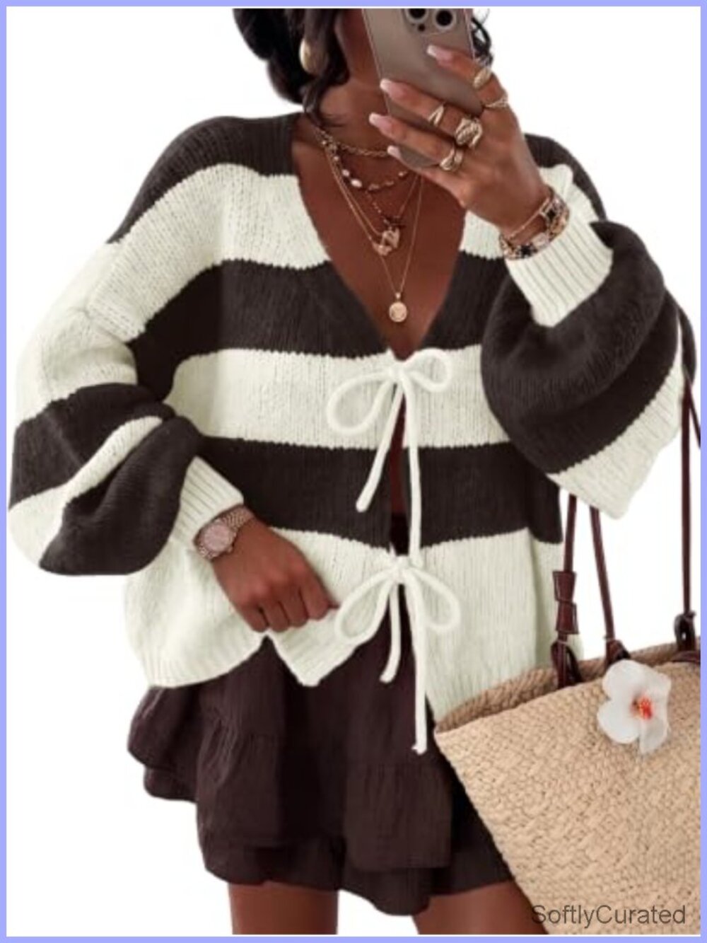Oversized Striped Chunky Knit Cardigan Sweater V-Neck Bow Tie